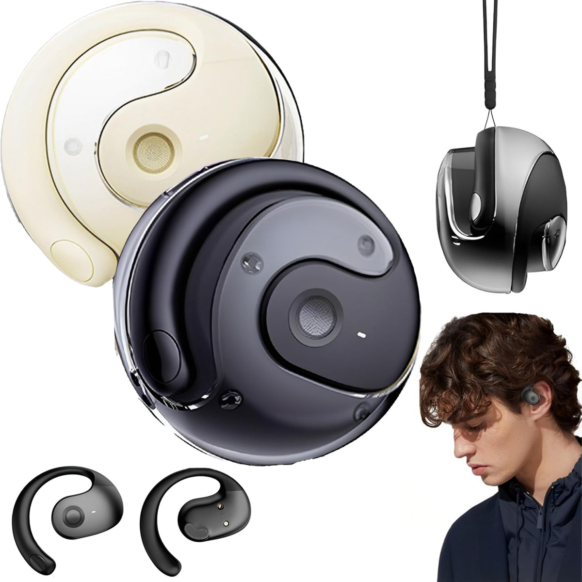Auriculares Bluetooth TGHVCQ Amarillo Pálido y Negro Hi-Fi Deportivos con Estuche de Carga