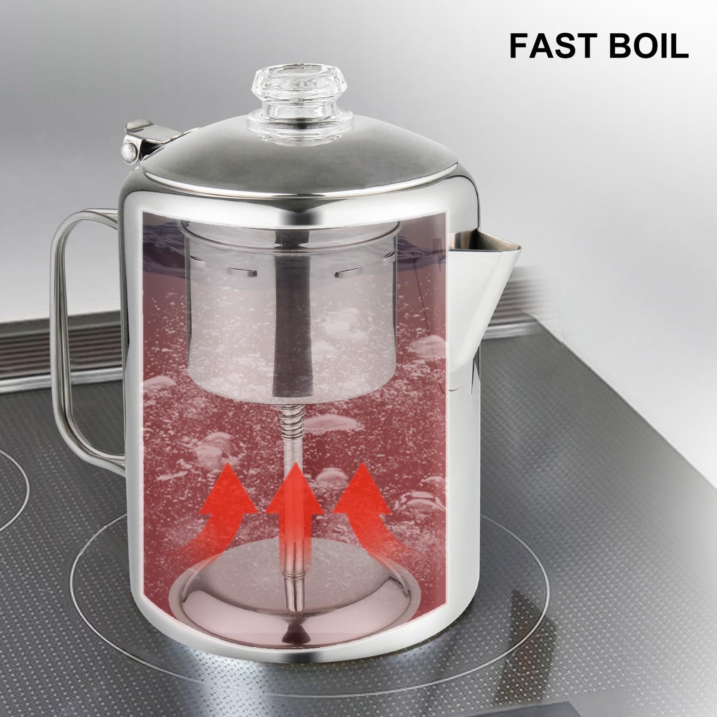 Cafetera APOXCON Acero Inoxidable con Perilla de Vidrio y Mango Plegable