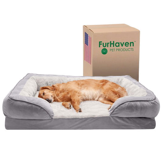 Furhaven Pet Bed for Dogs and Cats - Plush and Velvet Waves Perfect Comfort Sofa-Style Cooling Gel Foam Dog Bed, Removable Machine Washable Cover - Granite Gray, Jumbo (X-Large)