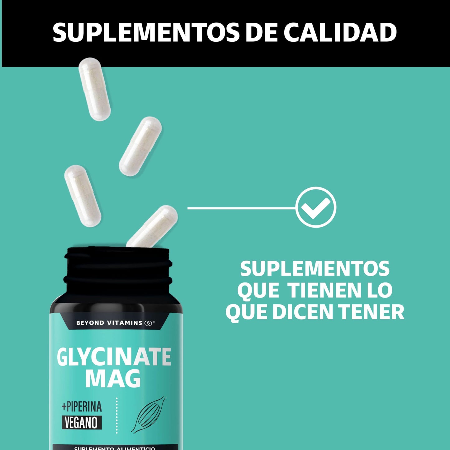 Glicinato de Magnesio Quelado | 20-100% mayor aporte de Magnesio por porción | Fortalecido con Piperina al 95% para mejor biodisponibilidad | 2400mg Glycinate Magnesium Beyond Vitamins | Suplemento Alimenticio Vegano - Ingredientes NON GMO (180 Cápsulas)