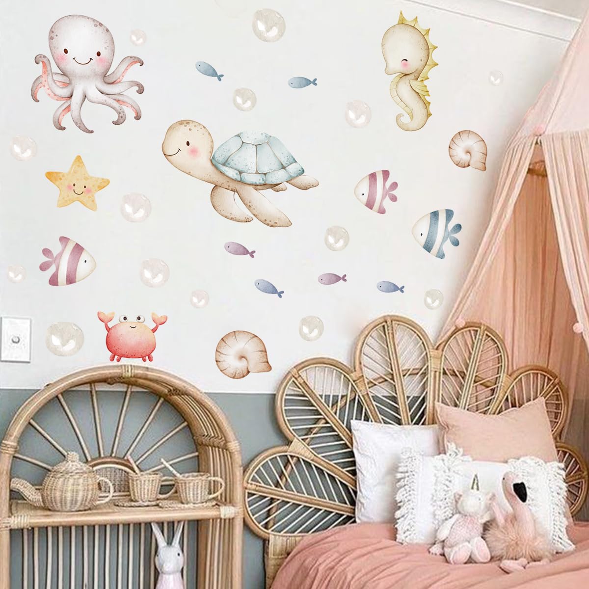 Calcomanías de pared de animales marinos, decoración de pared de criaturas del océano subacuático, decoración de pared extraíble de dibujos animados de peces de océano, decoración de pared de tortuga