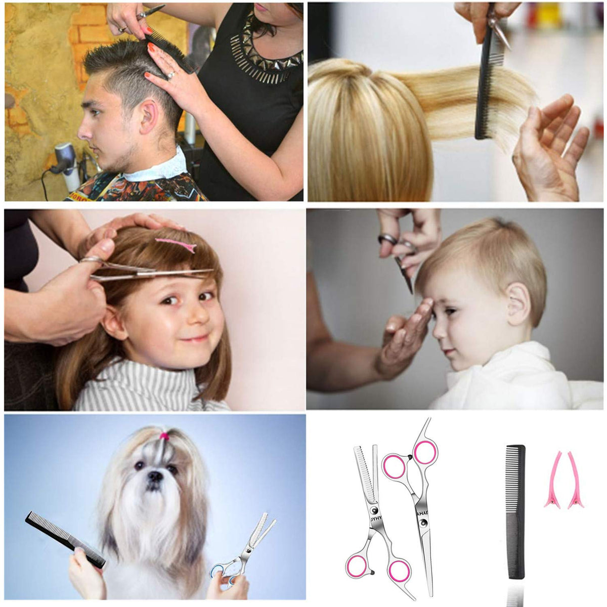 Tijeras profesionales para cortar el pelo, juego de tijeras de peluquería, kit de adelgazamiento de pelo familiar, herramienta de corte de pelo de peluquería, textura de adelgazamiento, rosa, 6 pulgadas