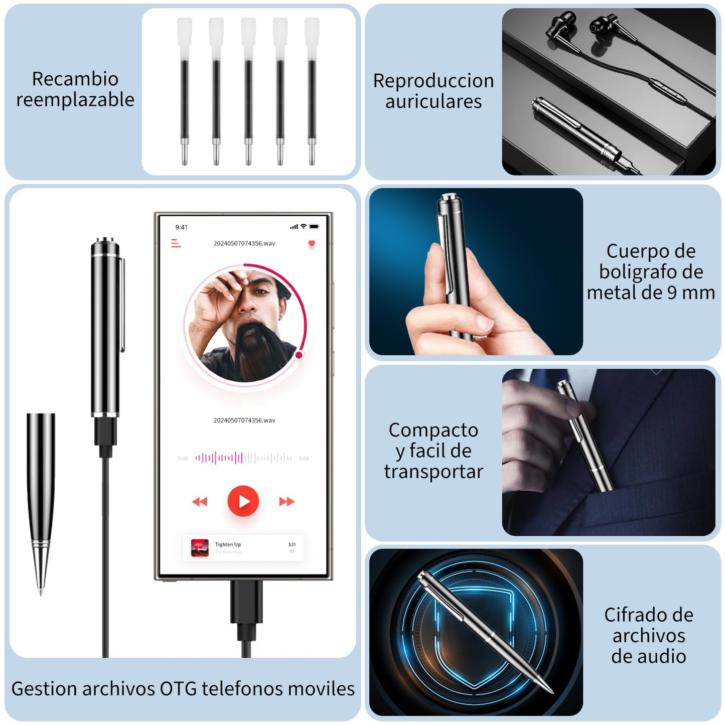Grabadora de Voz, 64GB Pluma de Grabación Portátil, Reproductor MP3, Micrófono con Cancelación de Ruido, Grabadora Digital Inteligente para Reuniones, Entrevistas, Ampliable 128GB, Capaz de Escribir…