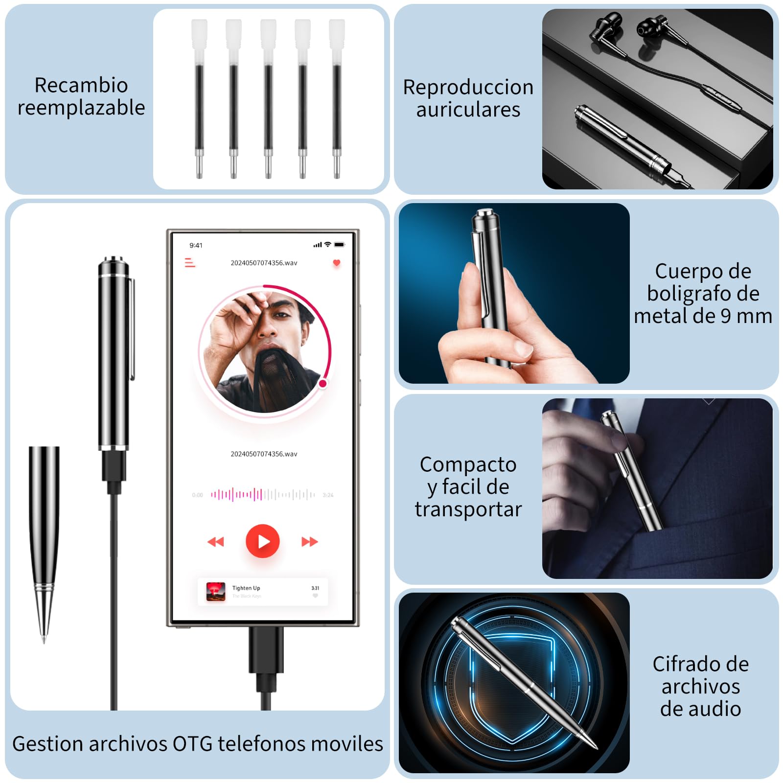 Grabadora de Voz, 64GB Pluma de Grabación Portátil, Reproductor MP3, Micrófono con Cancelación de Ruido, Grabadora Digital Inteligente para Reuniones, Entrevistas, Ampliable 128GB, Capaz de Escribir…