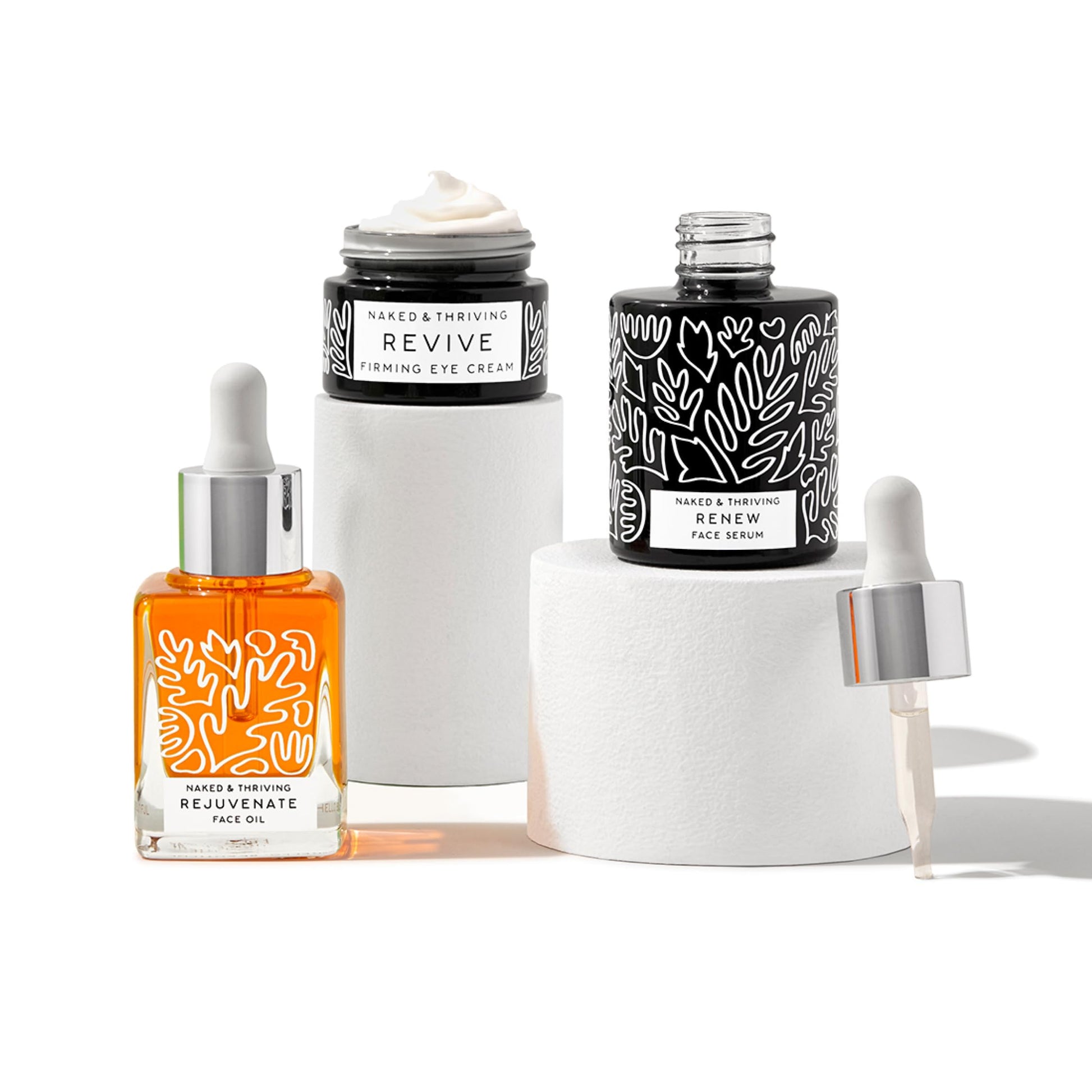 Naked & Thriving Rutina Restauradora Nocturna | Renew Night Serum (30 Ml) + Crema Para Ojos Revive (15 Ml) + Aceite Facial Rejuvenecedor (35 Ml) Con Péptidos, Escualano, Ácido Hialurónico Y Ah