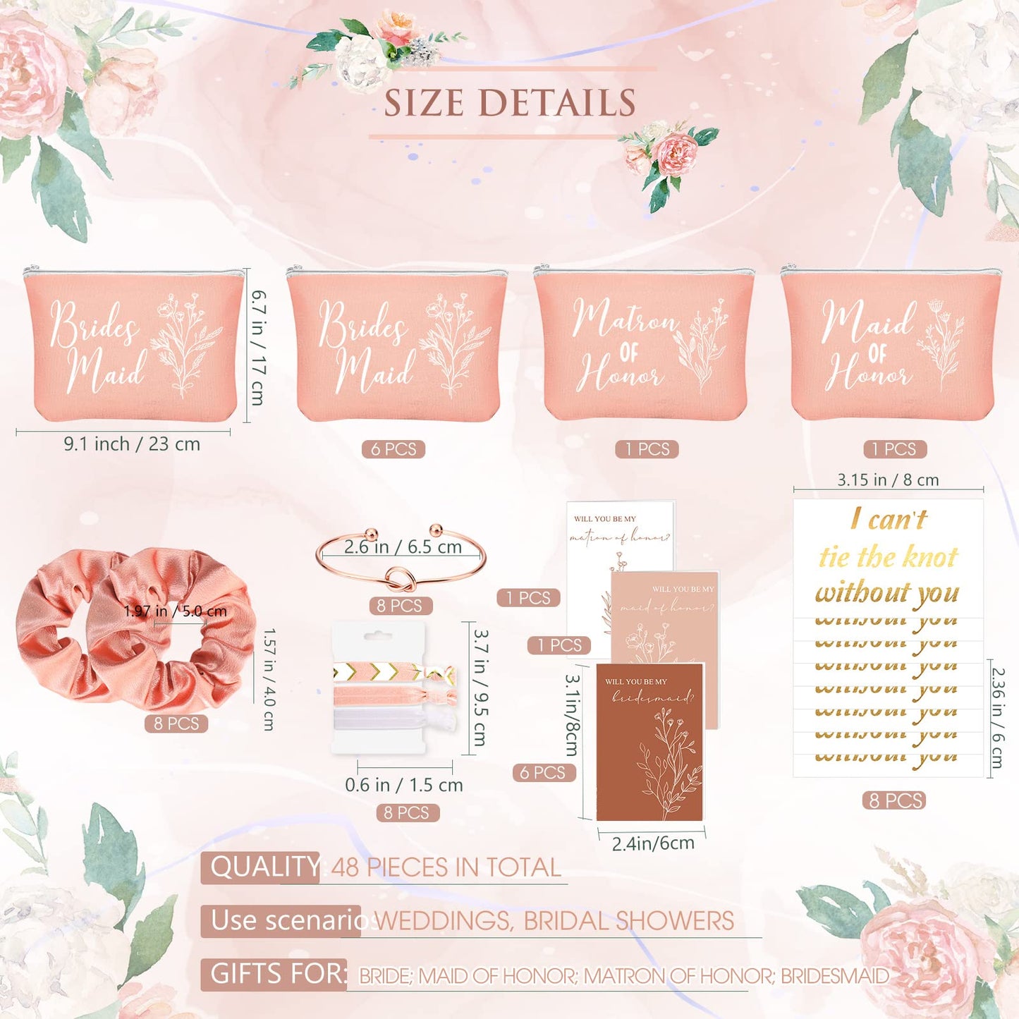 Cunno 48 Regalos de Dama de Honor Matron Maid Of Honor Bridesmaid para Propuesta Boda Bolsa de Maquillaje de Despedida de Soltera Coletero de Cabello Pulsera Anudada Tarjeta Invitación (Rosa Rosado)