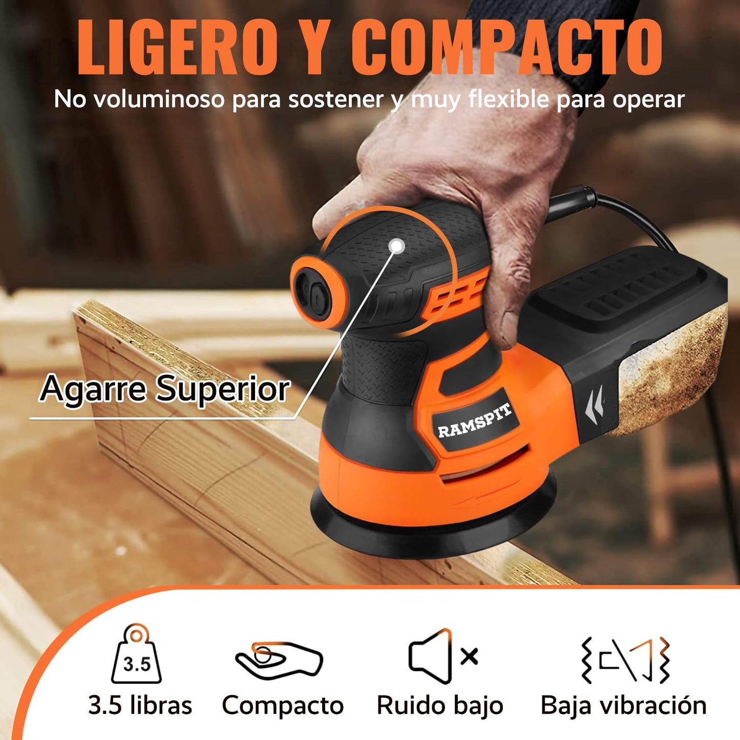 Lijadora Orbital Aleatoria RAMSPIT 2.8A 350W con Caja de Polvo Ciclónica y 15 Hojas de Lijado