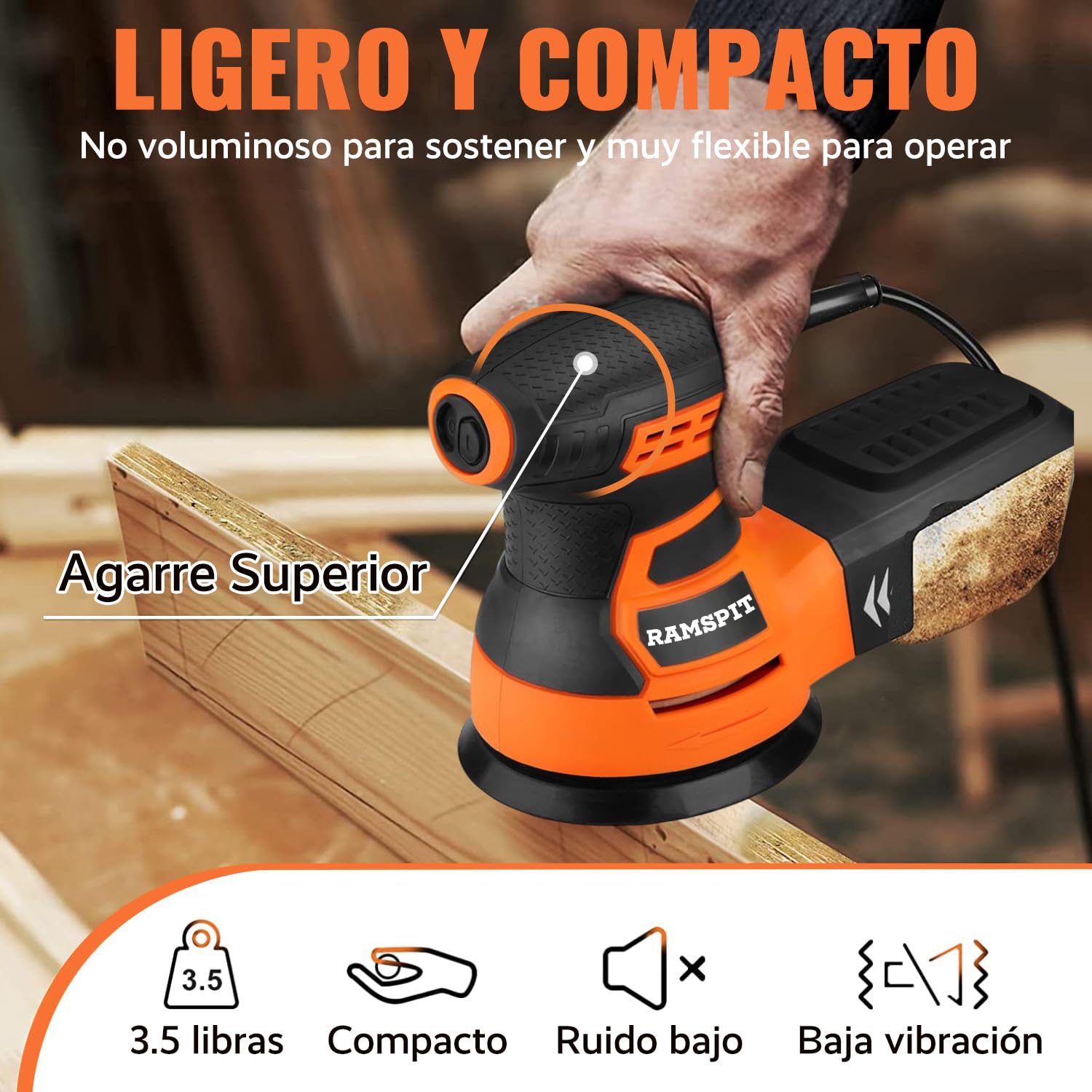 Lijadora Orbital Aleatoria RAMSPIT 2.8A 350W con Caja de Polvo Ciclónica y 15 Hojas de Lijado