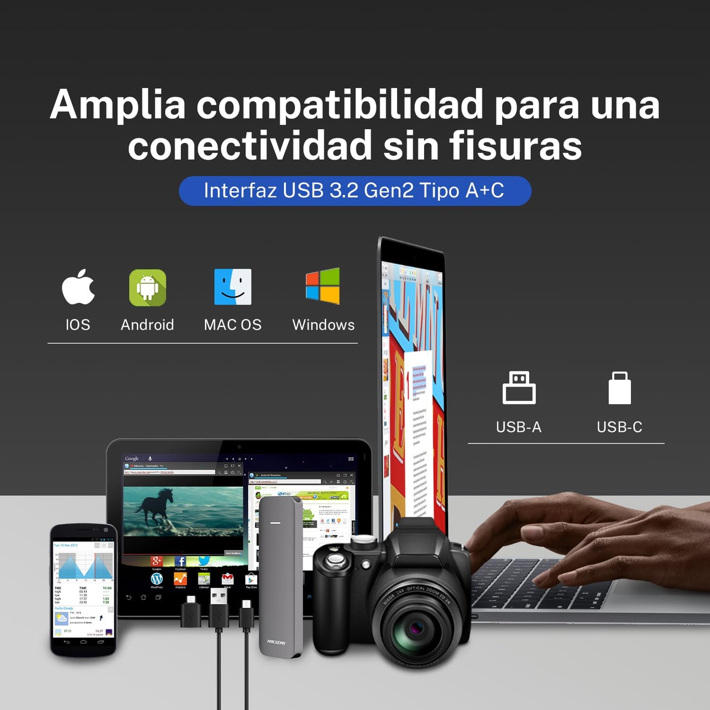 HIKSEMI SSD Externo Portable, Elite 1T [Nueva Generación], Capacidad: 1024GB, Lectura: 1050MB/s y Escritura:1030 MB/s, Compatible con Windows/Mac/Android 4.4 y Superior, USB 3.2, Gen2 Type-C