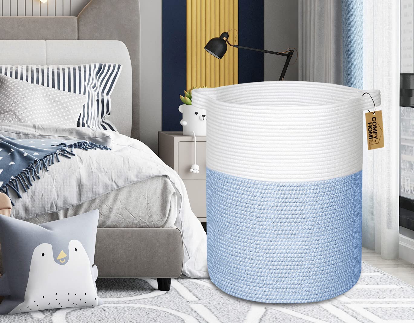 COMFY-HOMI - Cesta grande para lavandería con asas, canastas de manta para sala de estar, cuerda de algodón tejida, cesta decorativa de lavandería, regalo para bebé, guardería, perro, organizador de