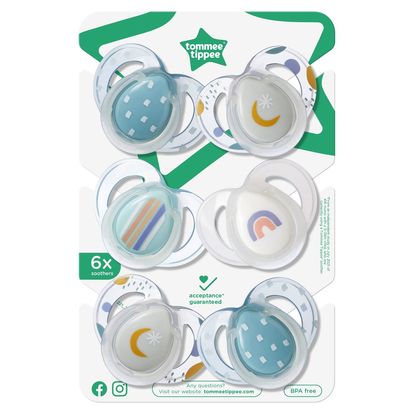 Chupones Tommee Tippee Azul Arcoiris Que Brillan en la Oscuridad Diseño Simétrico Silicona sin BPA 6-18 Meses 6 Unidades