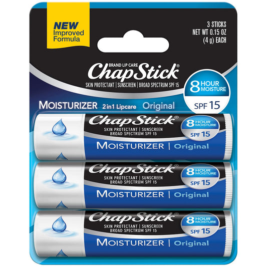 ChapStick Hidratante (sabor original, 0.25 onzas, 3 varillas) tubo de bálsamo labial, protector de piel, cuidado de labios, SPF 15, paquete de 12 (36 unidades)