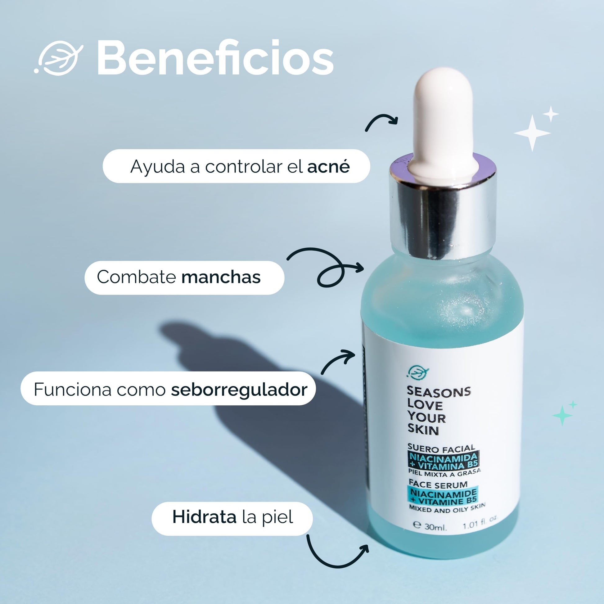 Seasons Love Your Skin Tratamiento con Niacinamida: Limpiador Facial en Espuma Detox + Serum Facial Niacinamida + Protector Solar FPS 50 Efecto Mate