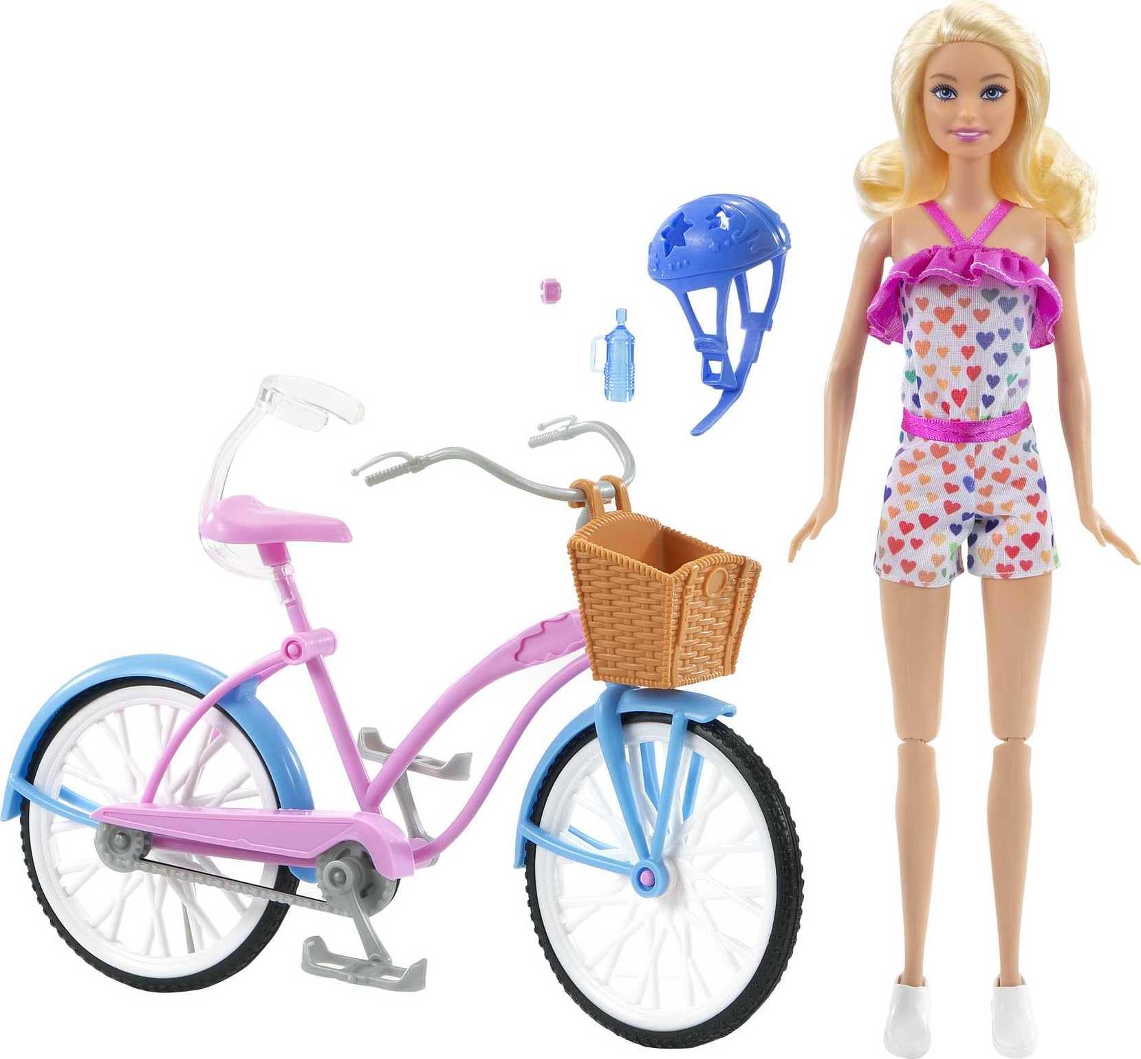 Barbie, Set de Juego, Bicicleta con Muñeca, para Niñas de 3 Años en Adelante, Mattel, Diseño Rosa y Azul, Canasta de Dulces, Caderas, Brazos y Rodillas se doblan