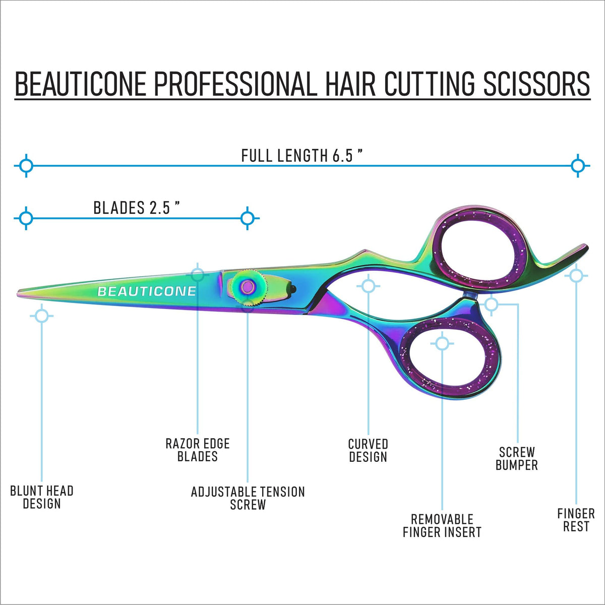 BEAUTICONE - Tijeras de corte de pelo profesionales de acero inoxidable de 6.5 pulgadas | Tijeras de peluquería | Cuchillas de borde liso y afilado - para hombres y mujeres (multi)