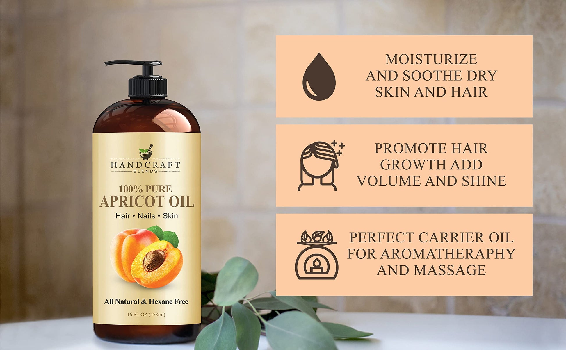 Handcraft Blends Aceite de albaricoque hecho a mano – 100% puro y natural – Aceite de albaricoque prensado en frío de alta calidad para aromaterapia, masaje e hidratación de la piel, enorme 16 onzas – el embalaje puede variar