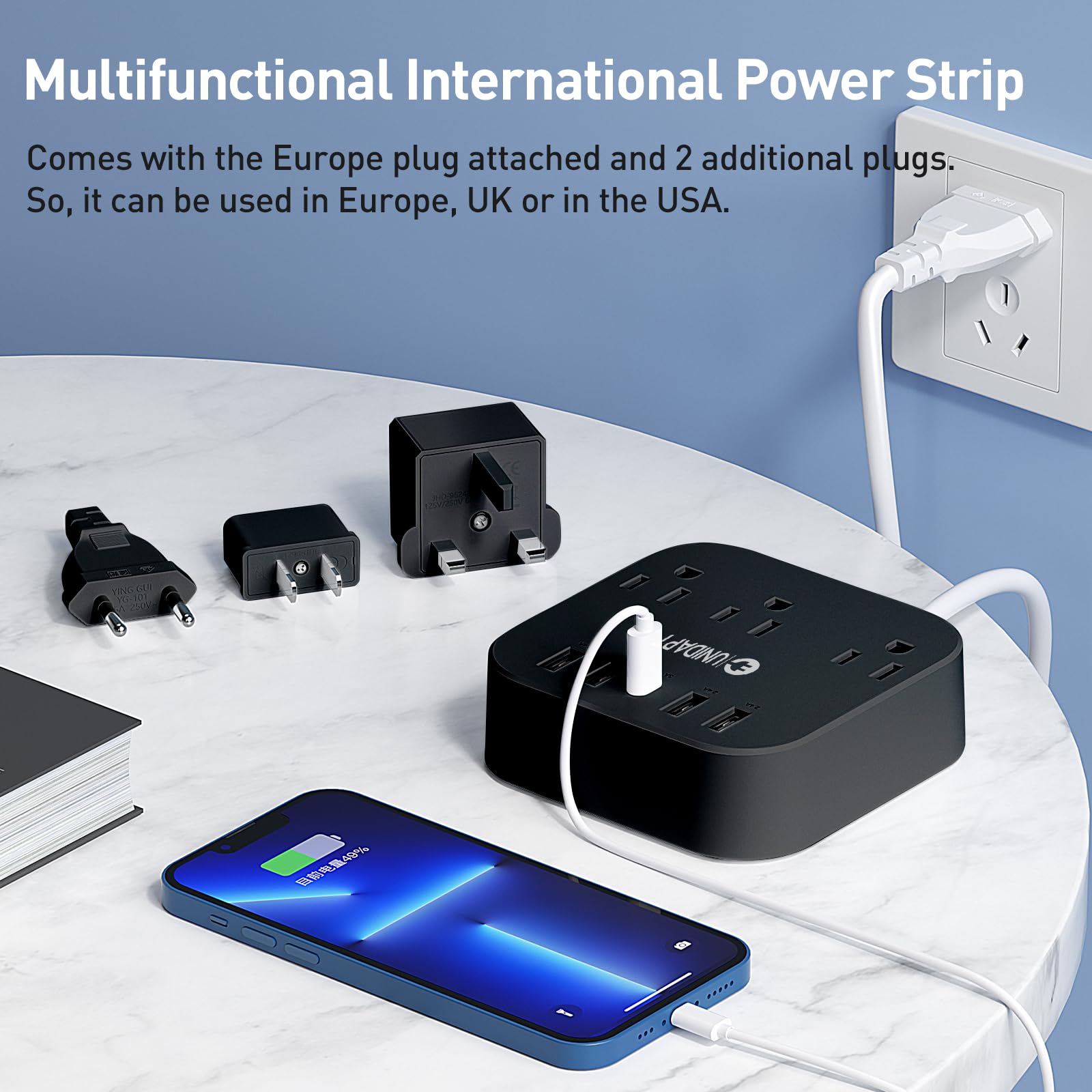 Adaptador de Enchufe Europeo Unidapt Negro con Regleta y Cable de Extensión de 5 Pies