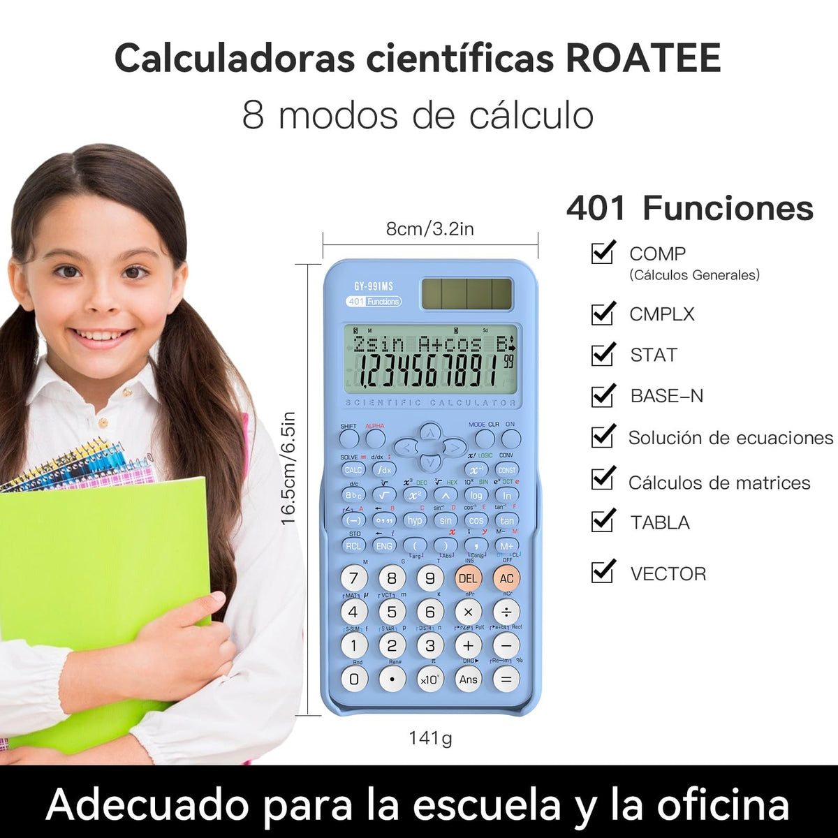 Calculadora Científica ROATEE Azul con 401 Funciones y Pantalla de Dos Líneas