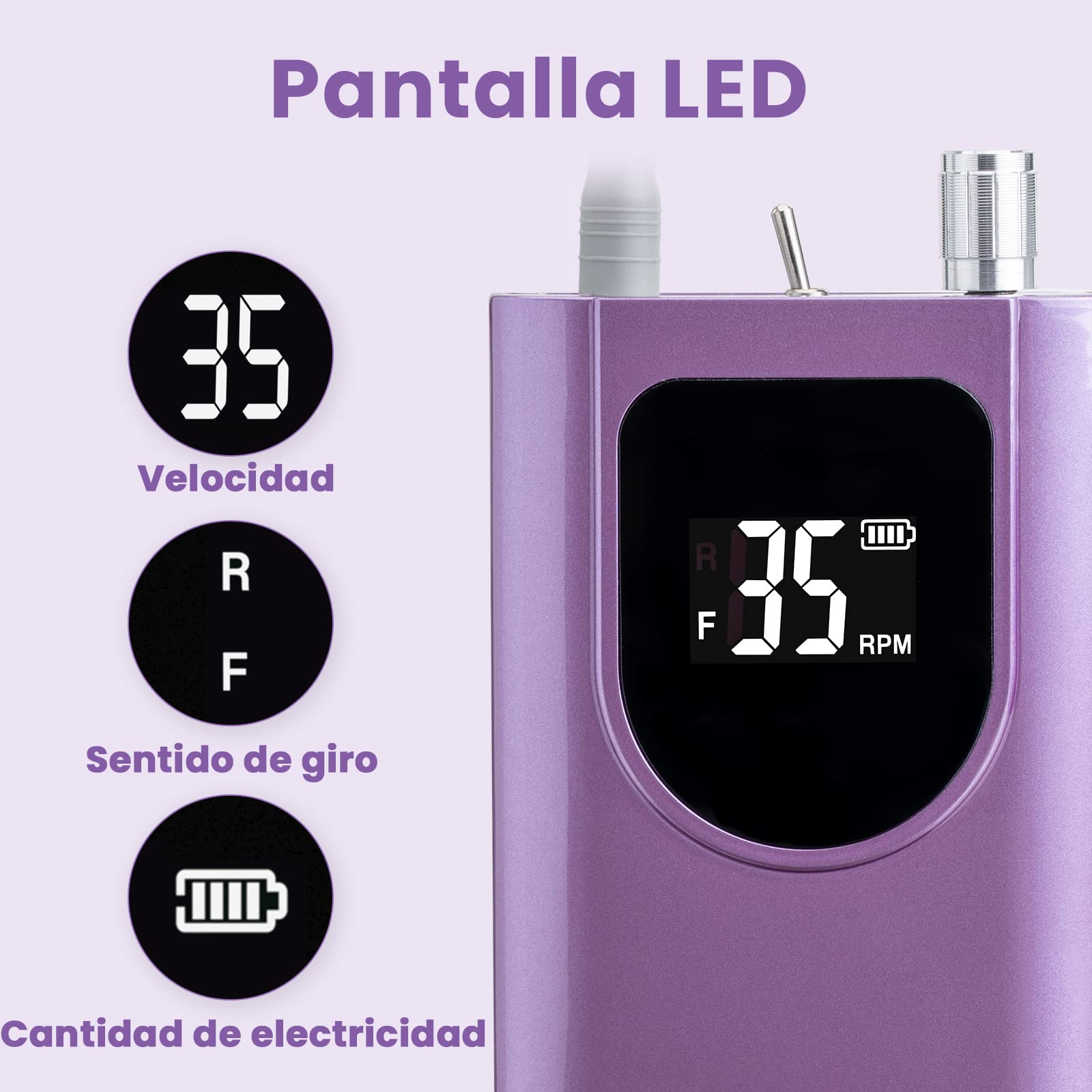 Delanie - Drill para Uñas Profesional 35000 RPM, Taladro para Uñas de Acrílico y Gel, Lima de Uñas Eléctrica Recargable, Máquina de Uñas de uso Salón (Morado)