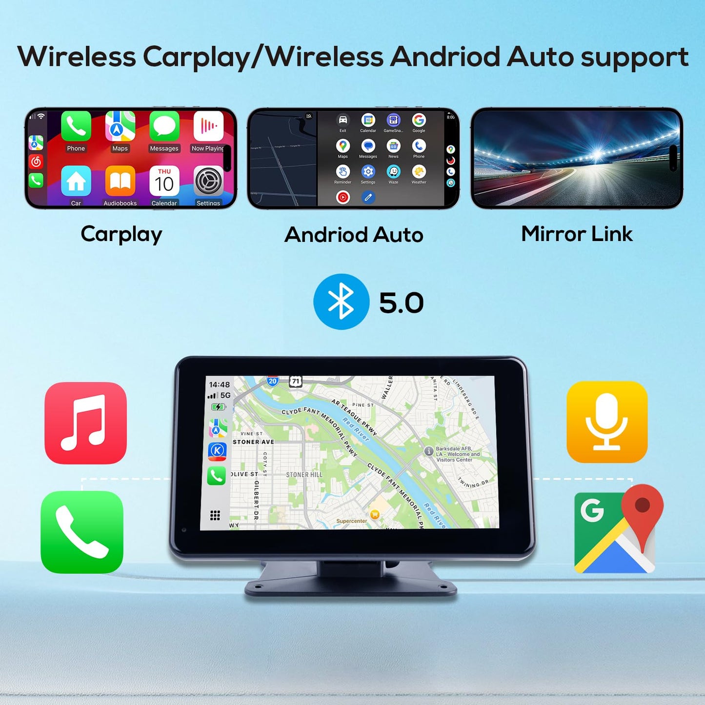 visualización portátil inalámbrica Carplay para Coche, 7 Pulgadas estéreo de Coche inalámbrico Carplay y Android Auto, cámara de Respaldo 1080p, receptores de Audio del Coche, navegación GPS