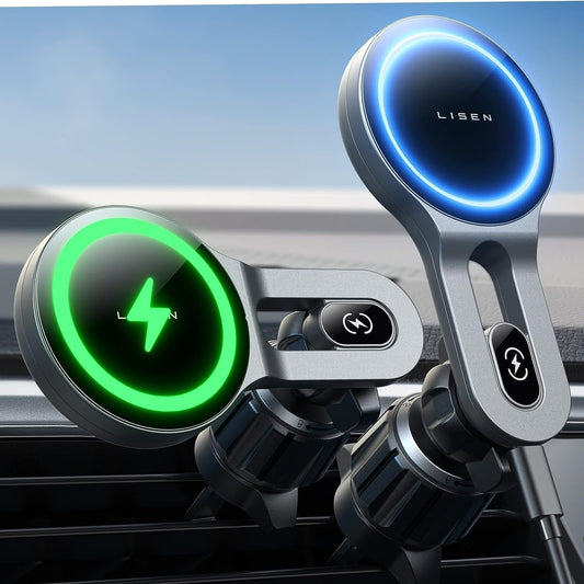 LISEN Soporte para Celular Automovil con Función de Carga 15W Cargador para Auto Inalámbrico, Soporte Magsafe Accesorios Compatible con iPhone 16/16 Pro/16 Pro Max/15/14/13 con Pantalla de Luz