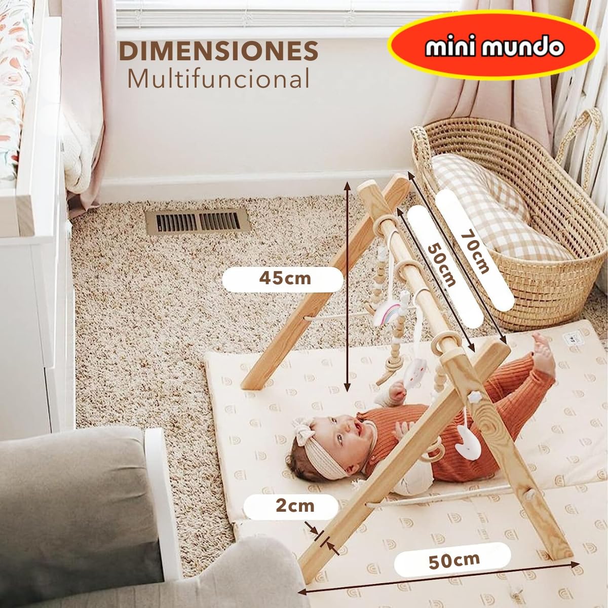 Gimnasio de Madera Natural Mini Mundo Plegable con 6 Juguetes para Bebés