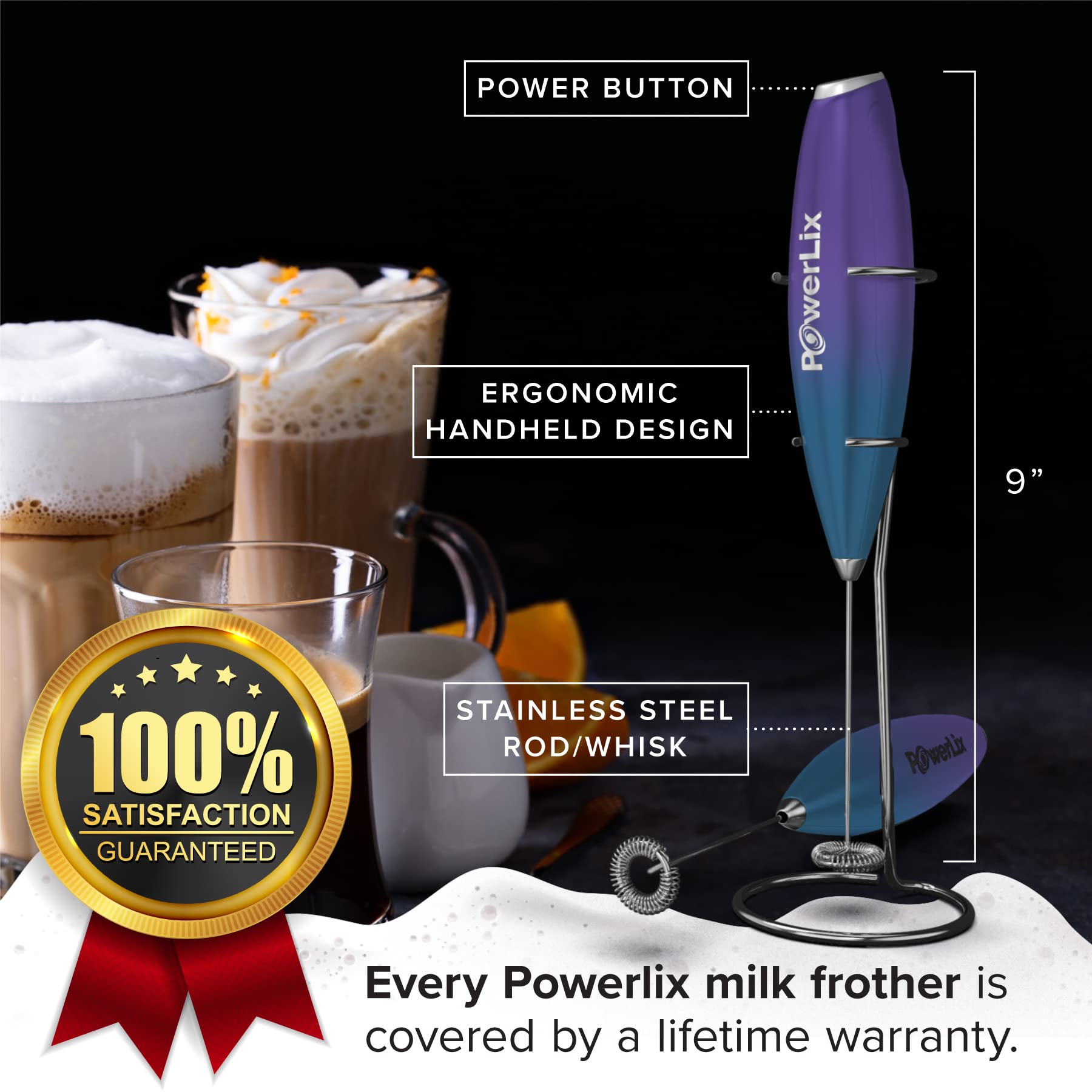 Espumador de Leche PowerLix Negro con Soporte y Pilas para Café