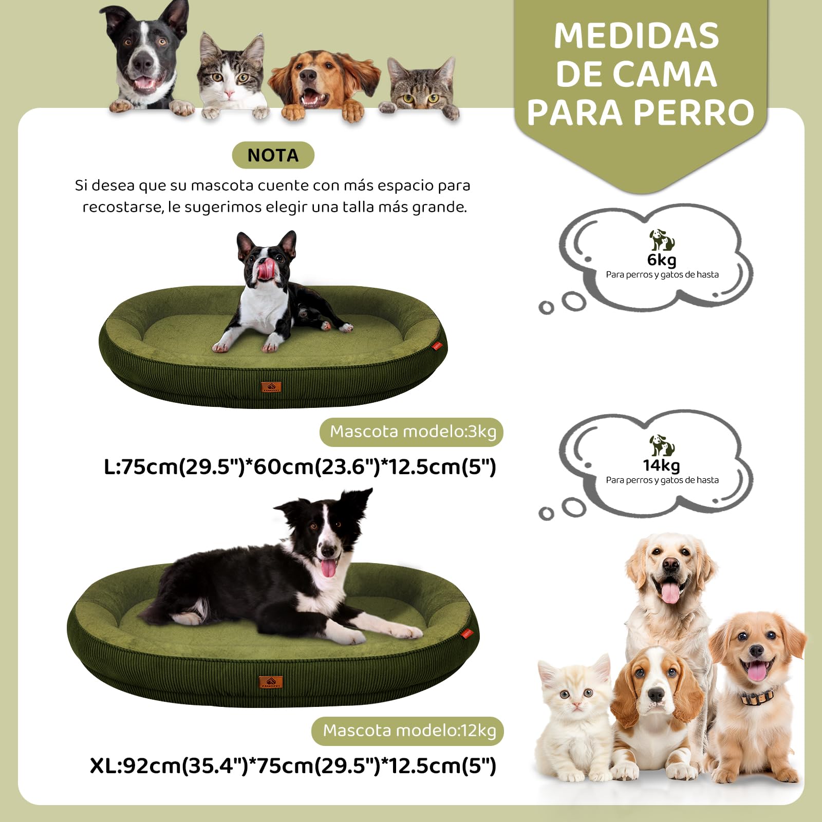Cama Ortopedica para Perros, Cama para Perro Mediano y Pequeño, Cama para Perro Lavable con Cierre, Cama Antiestrés y Impermeable para Perros, Camita Con Almohada para Mascotas (Verde) (92*75*12.5cm)