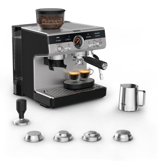 Krups Maquina Espresso con Molino Integrado, 30 Niveles de Molido, 15 Bares de Presión, Varita de Vapor Profesional, Preinfusión y Temperatura Ajustable, XP801TU0
