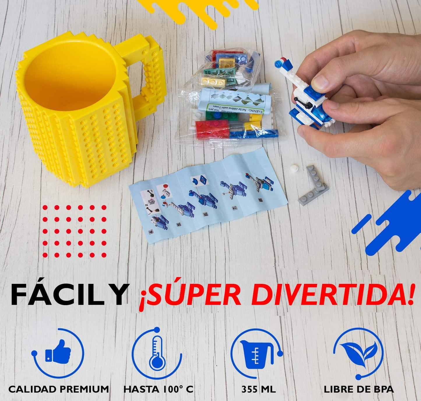John & John Taza armable de diseño Divertido para Ladrillos, Incluye un muñeco y 2 Sets de Bloques de construcción para Jugar (10 Colores) - Amarillo