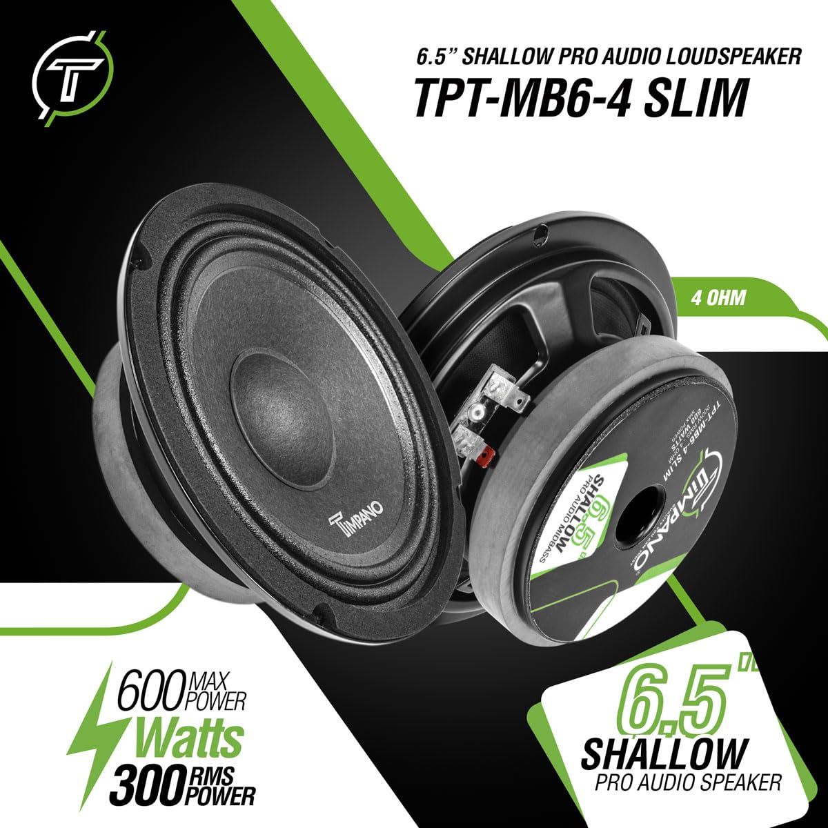 Altavoz de Coche Timpano Negro de 6.5 Pulgadas 600 Vatios Perfil Delgado 4 Ohmios PRO Midbass Audio para Puertas