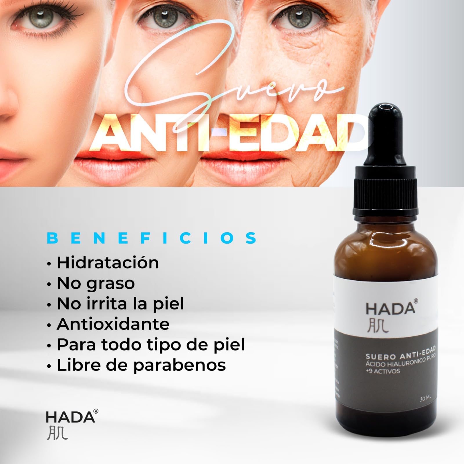 HADA, Suero Anti-Edad, Hidratación Profunda. Ácido Hialurónico Puro + 9 Activos. (30ml.) (1 Unidad) (1 Unidad,)