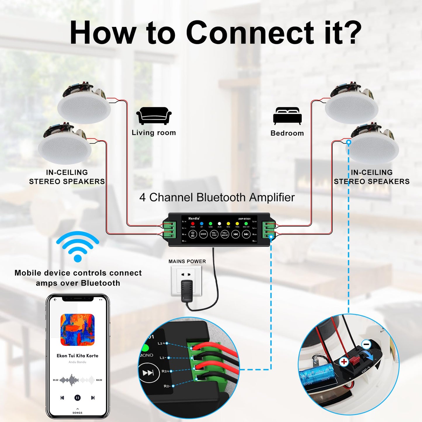 Herdio Altavoces de Techo de 6.5 Pulgadas, 600 vatios, Sistema de Altavoces empotrados para el hogar, Perfecto para Interiores, Cocina, Cine en casa, Dormitorio, Oficina, Patio Cubierto (4 Altavoces)