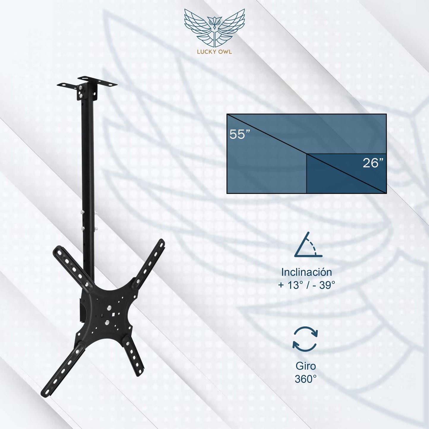 Lucky Owl Kit de 5 Soportes de TV inclinable en Techo de 26"-55" Pulgadas Soporte de TV (DN04-C2655) Giratorio 360° Carga máxima de 30 kg VESA 400X400 Resistente Material Reforzado.