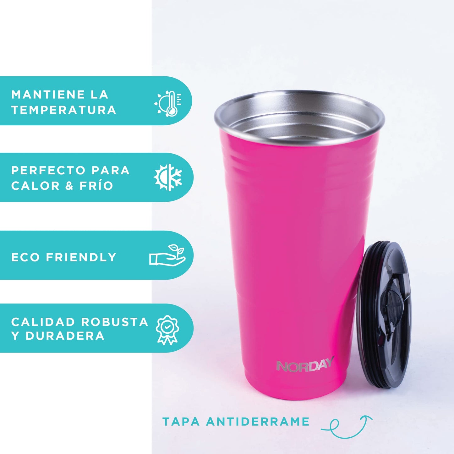 Termo de Acero Inoxidable Norday Rosa 720 ml Doble Pared Antiderrame Reutilizable para Fiesta