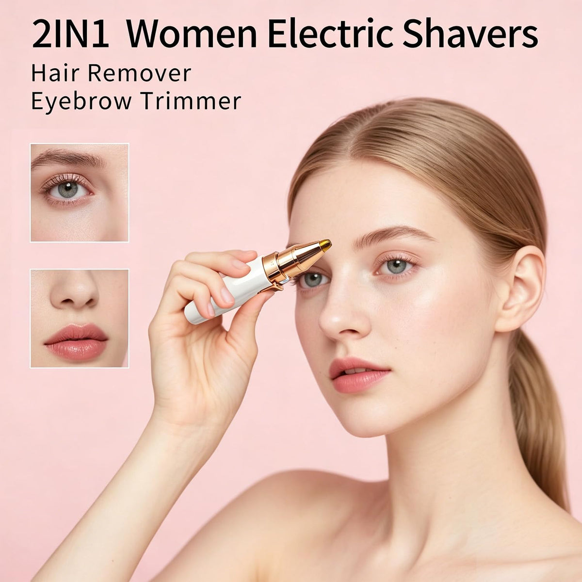 Removedor de pelo facial para mujer: dispositivo eléctrico 2 en 1 para barbilla y labios superiores + recortador de cejas recargable con luz incorporada