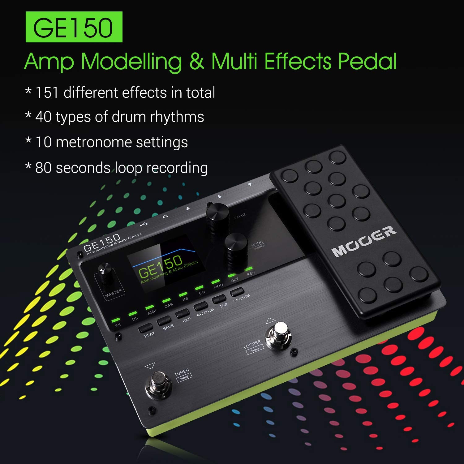 Hosioe GE150 Pedal de Modelado de Amplificador y Efectos múltiples 55 Modelos de Amplificador 151 Efectos 80s Looper 40 Ritmos de batería 10 Metrónomo Tap Tempo Función OTG
