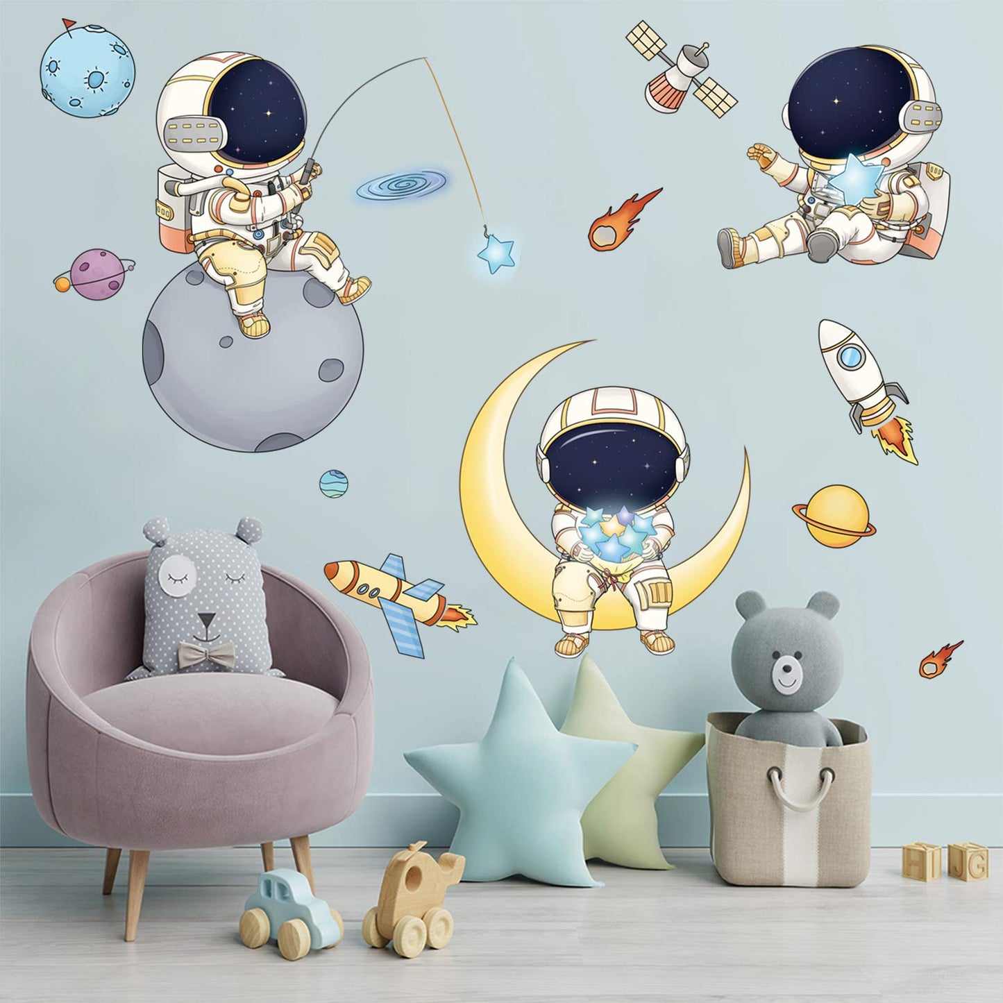 DILIBRA - Calcomanías de pared para recámara de niños, diseño de astronauta, planeta exterior, creativo para bricolaje, vinilo extraíble, estrella espacial UFO Glaxy para habitación de niños,