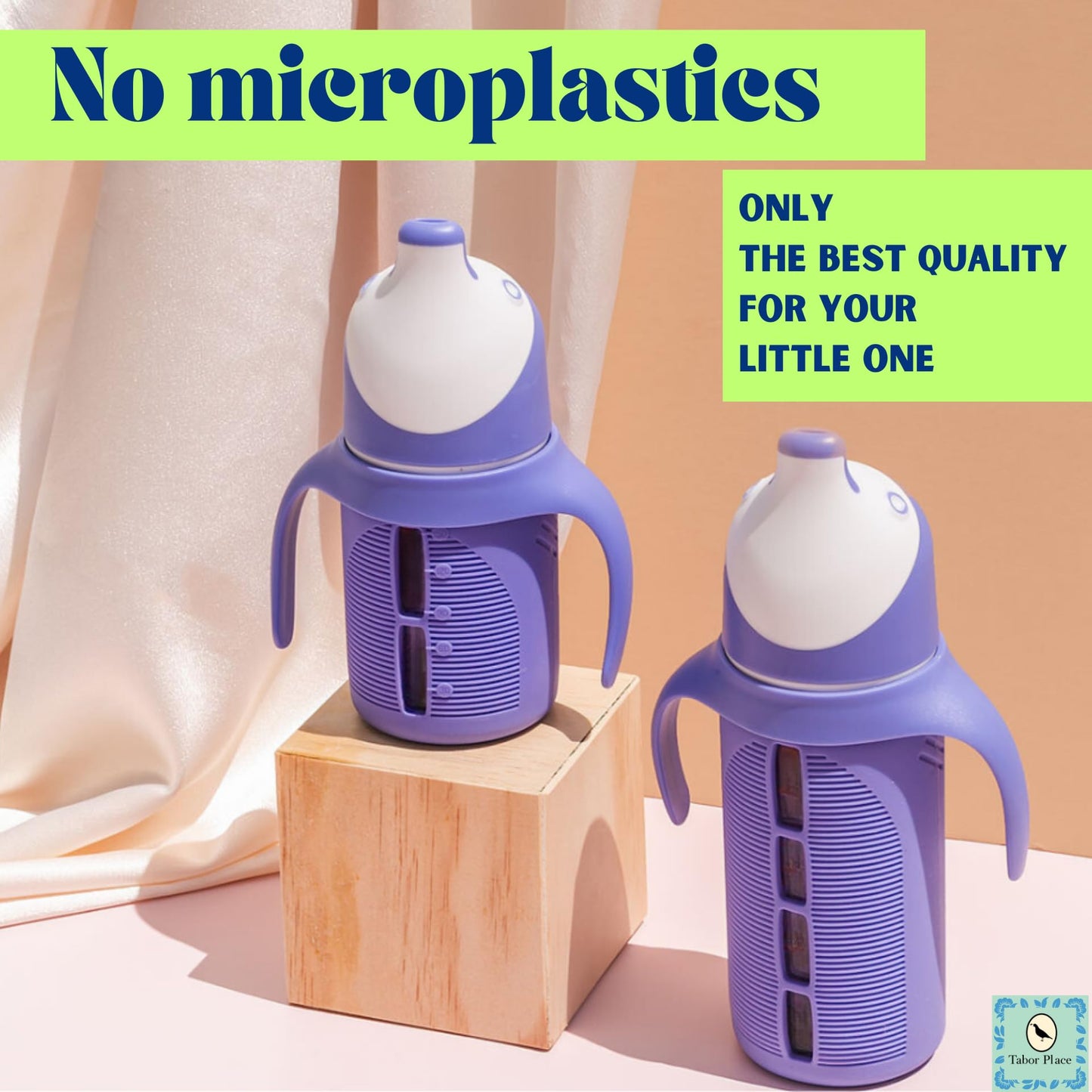 Tabor Place The Minis - Juego de 2 vasos de vidrio para niños pequeños, 5 onzas, a prueba de derrames, popote de silicona, verde menta y morado índigo, líquidos nunca tocan plástico, el mini 2 unidades (paquete de 1)