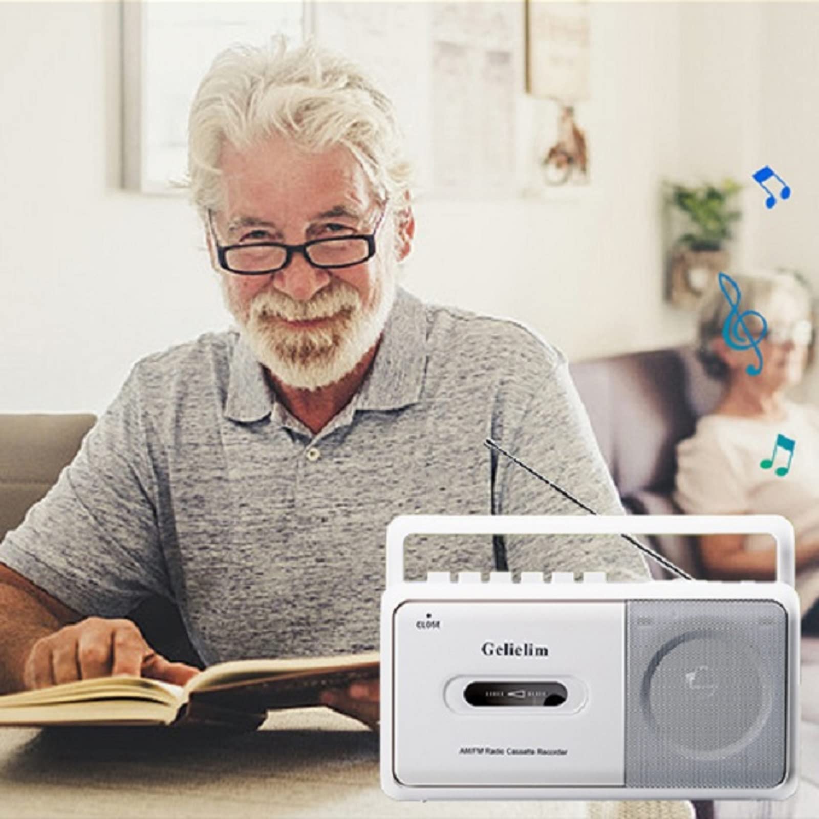 Gelielim Boombox - Reproductor de cassette, radio estéreo portátil AM/FM, reproductor de cinta de casete con altavoz grande y conector para auriculares, funciona con pilas o reproductor de cinta con alimentación de CA