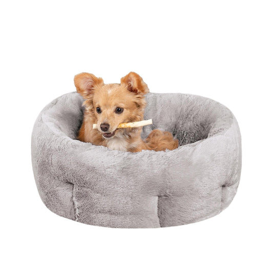 Furhaven 20" Round Small Dog Bed Hi Lo Self-Warming Luxury Plush Faux Fur Cuddler, Washable - Gray, Small