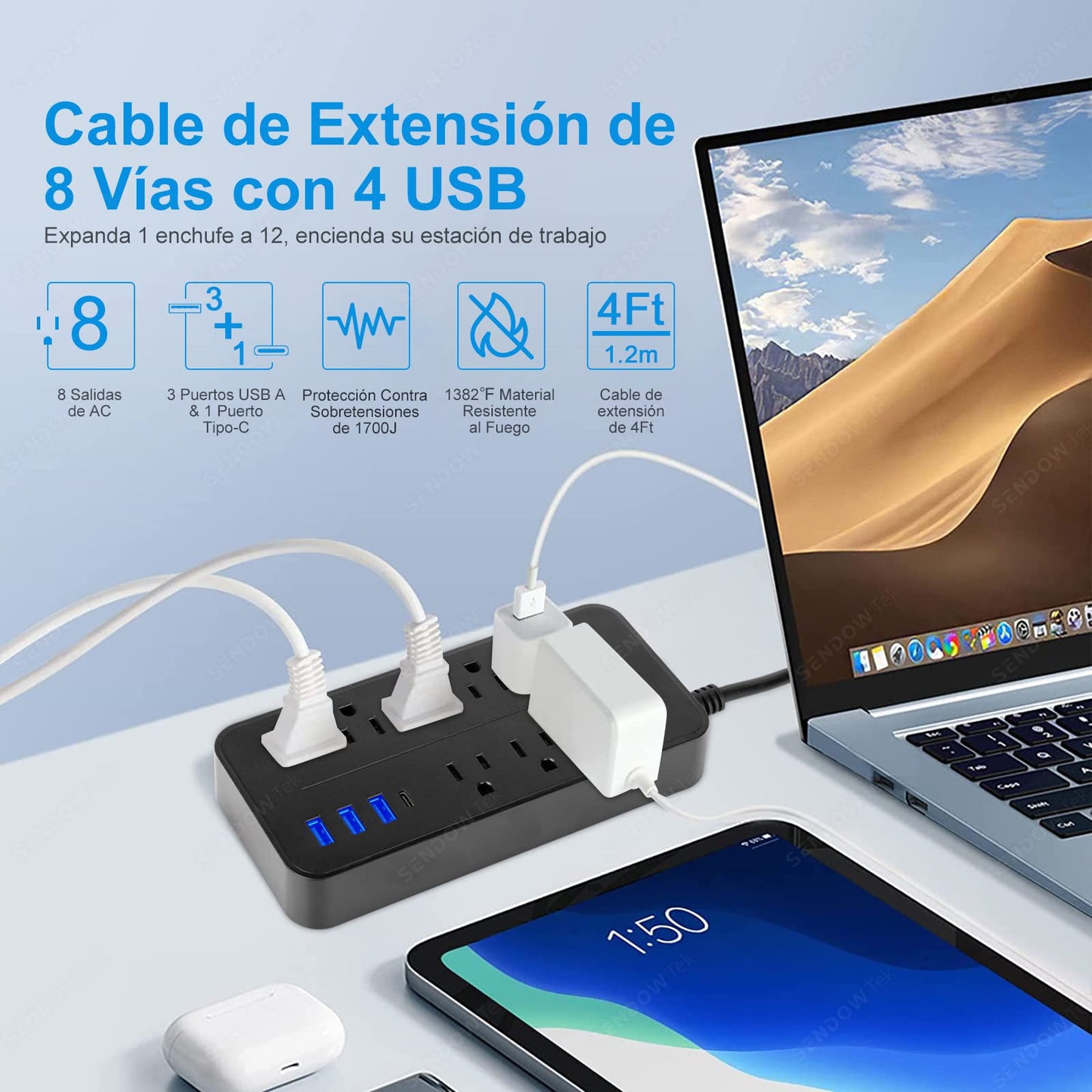 Sendowtek Multicontacto USB Regleta de Alimentación Regleta Enchufes USB con Cable de Extensión de 4Ft/1.2M Conector Multiple con 8 Tomas, 3 Puertos USB A y 1 Puerto Tipo-C, para Hogar y Oficina