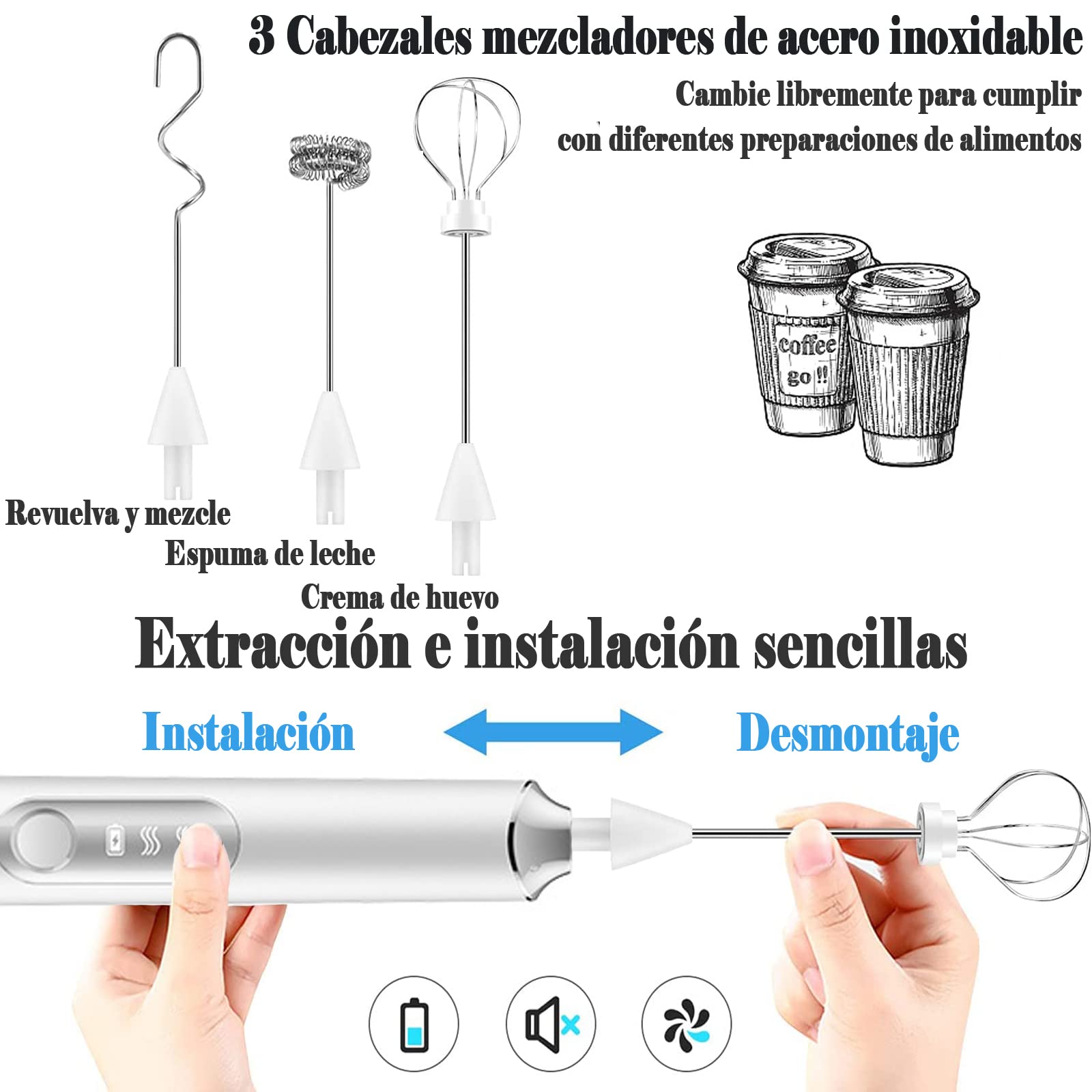 ANGECM8 Espumador de Leche eléctrico recargable por USB,3 velocidades con 3 batidor de acero inoxidable,Agitador electrico,Batidor electrico de mano para Café,Lattes,Capuccino,Chocolate Caliente