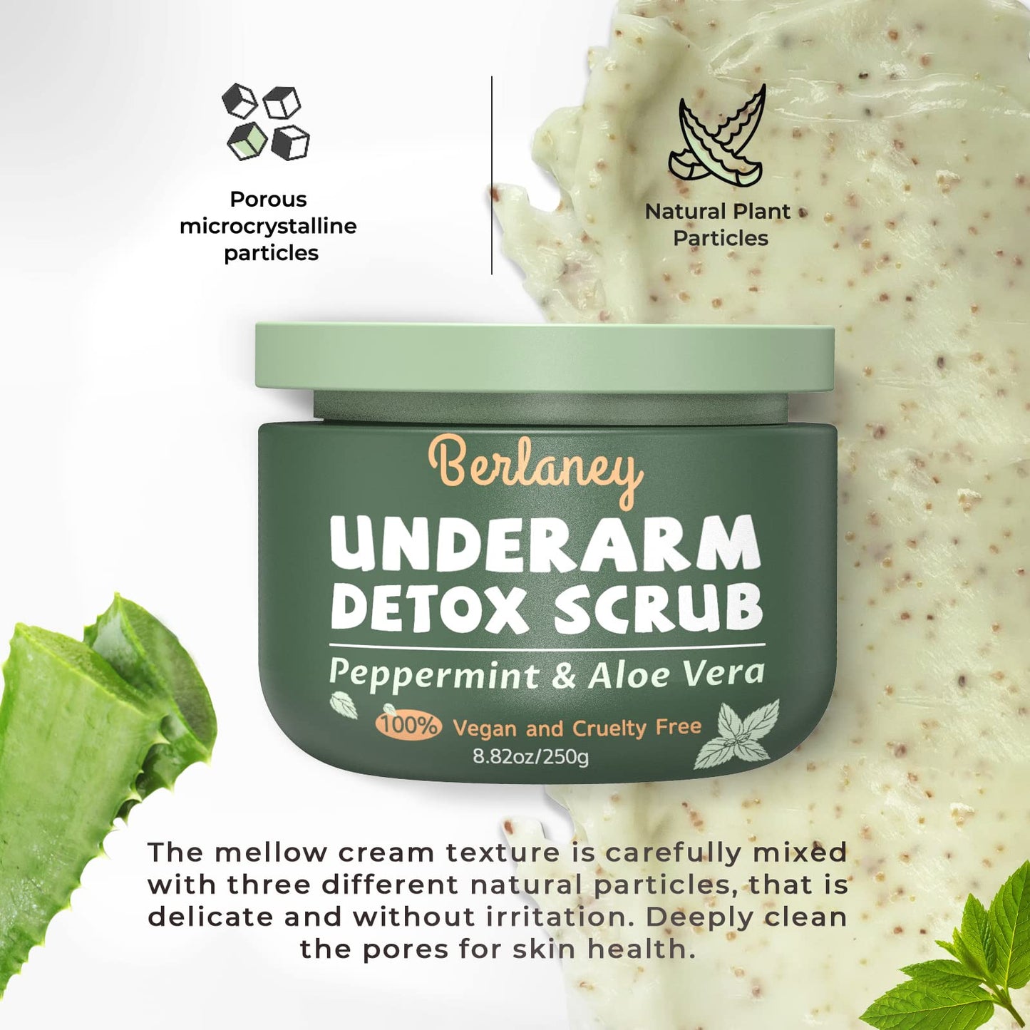 Berlaney Scrub Corporal Exfoliante con Peppermint, Aloe Vera y Polvo de Cáscara de Nuez 8.8 oz, para Axilas, Piernas, Rodillas, Pies, Brazos y Manos