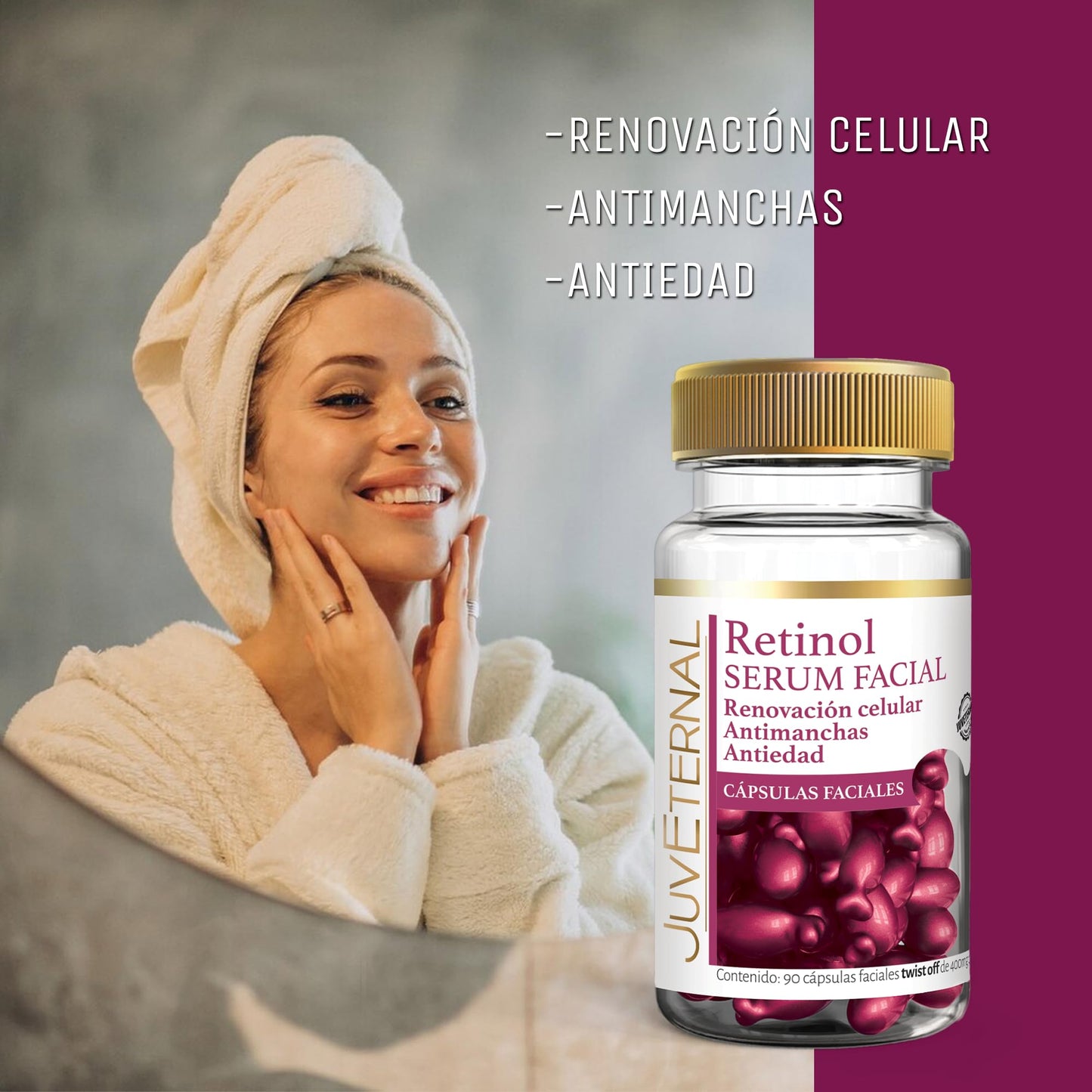 Juveternal Duo Cápsulas Faciales Retinol Cápsulas Faciales Acido Hialuronico 90 caps c/u Renovación celular Antimanchas Antiedad Hidrata Reafirma y Retexturiza la piel
