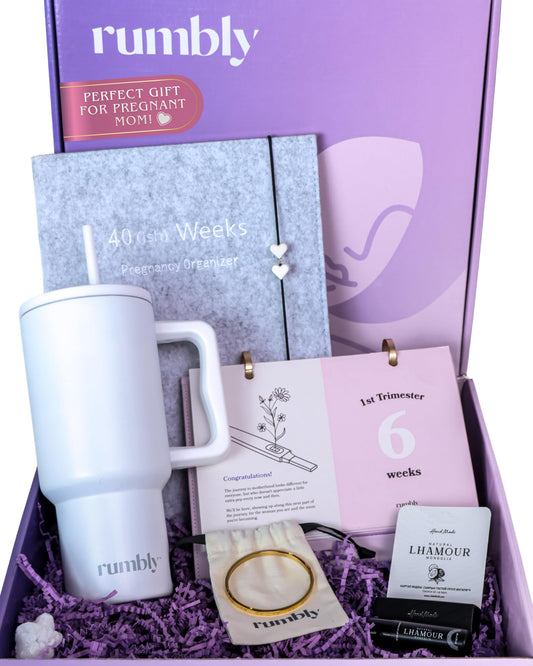 Rumbly 1. Trimestre Essentials Box para mujeres embarazadas – Regalo para mujeres embarazadas – Paquete de cuidado con artículos esenciales para nuevas madres y imprescindibles para el embarazo