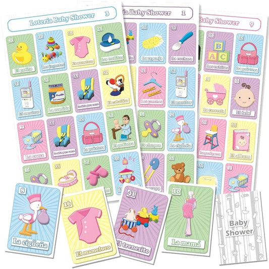 Juego de Loteria Baby Shower Impreso en Español, para 10 Jugadoras - 10 Tablas y Barajas
