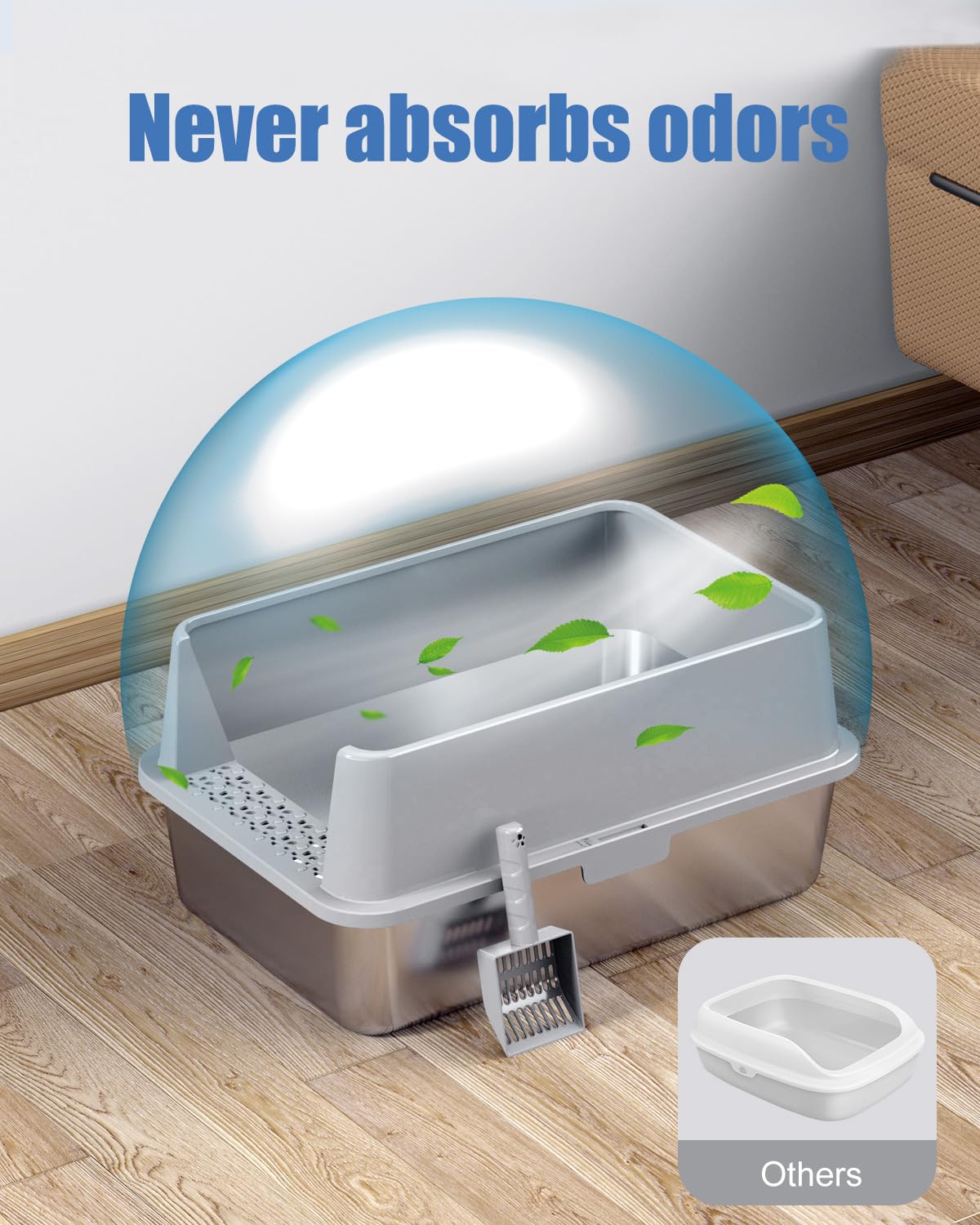 Caja de Arena de Acero Inoxidable XL de Lados Altos a Prueba de Fugas para Gatos Grandes