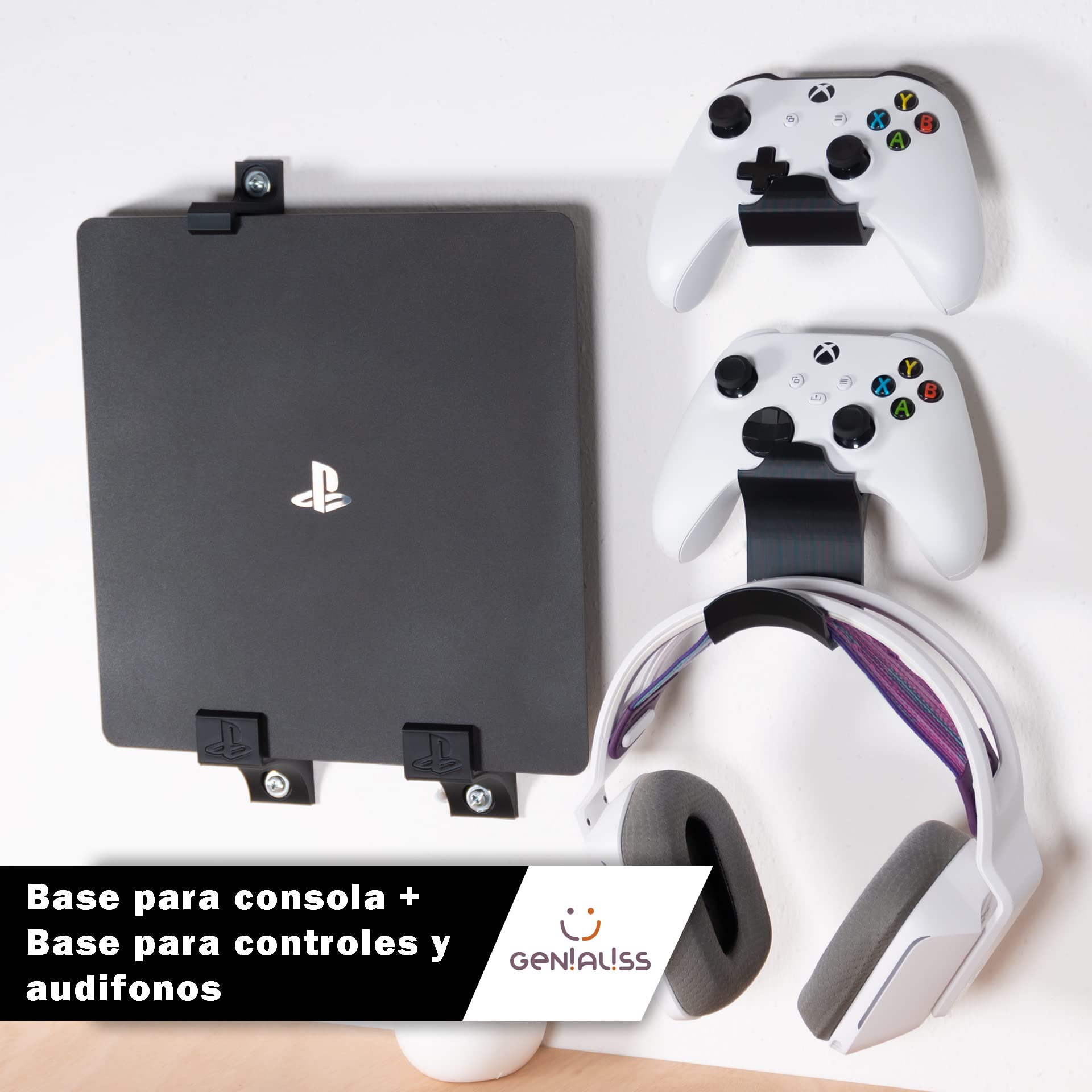 GENIALISS - Base Soporte para Consola PS4 Slim de Pared/Playstation 4 Slim/Play 4 Slim + Base Soporte para Control dualshock 4 y Soporte para audifono