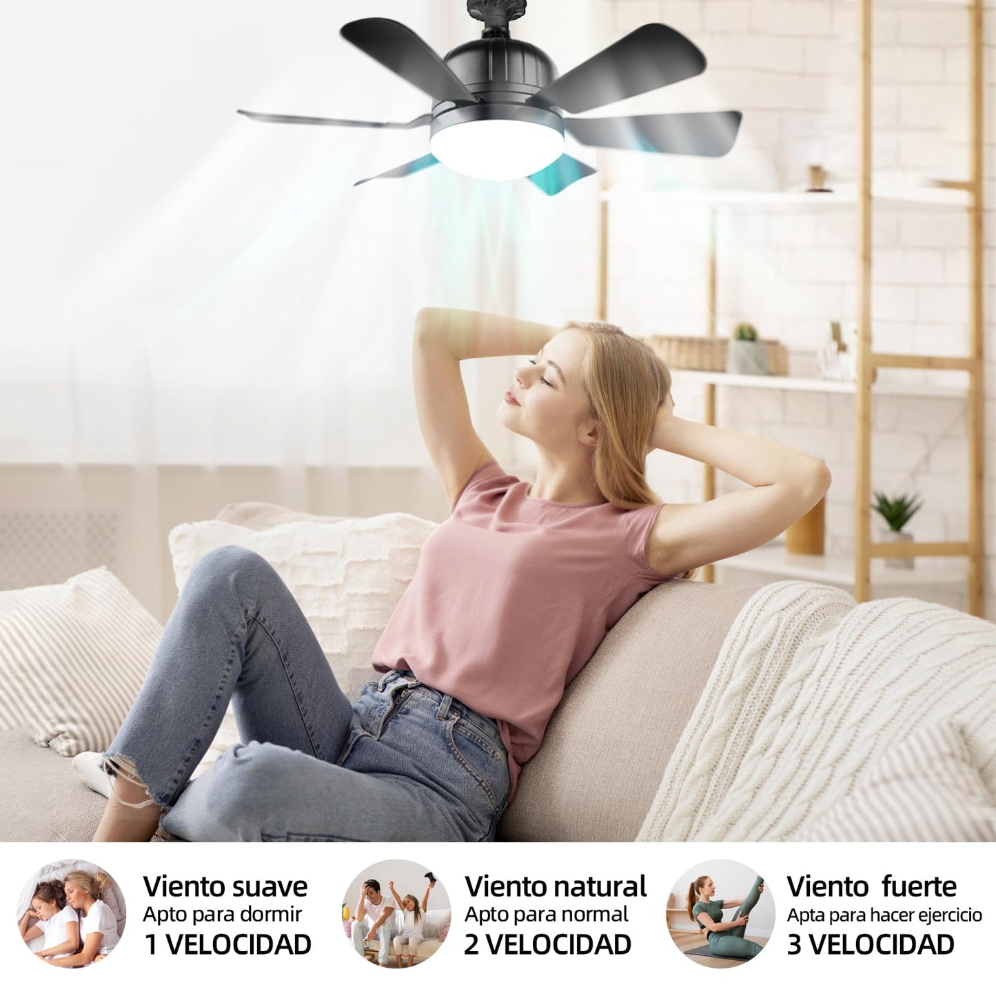 Ventilador de Techo con Luz y Control Remoto E26/E27 Negro, Brillo Regulable y Tres Velocidades del Viento 40W